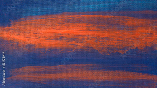 Abstract acrylic painted texture of blue and orange brushstrokes on canvas
