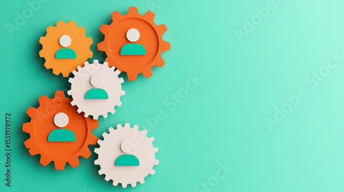 Interlocking orange and white gears with person icons represent teamwork and collaboration on a teal background.