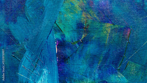 Abstract acrylic painting with beautiful shades of blue and teal texture on canvas
