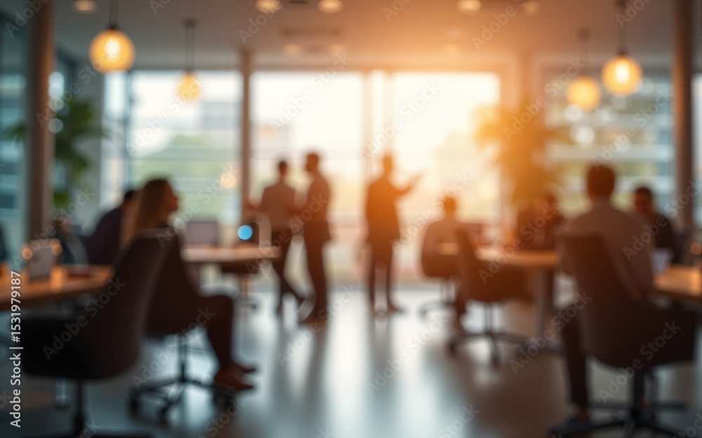 Modern office interior blurred background business people working space team gold warm glass light. High quality