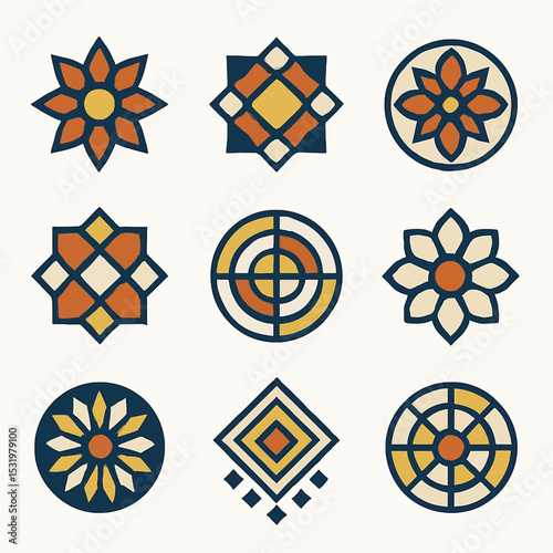 Collection of ornate geometric tile designs featuring floral and diamond shapes in warm tones