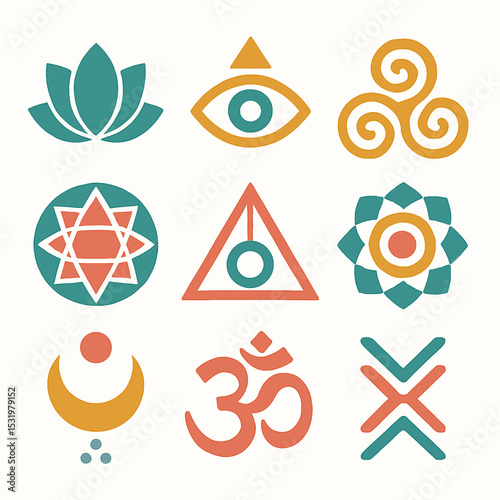 Collection of spiritual symbols featuring lotus, eye of providence, and Om sign