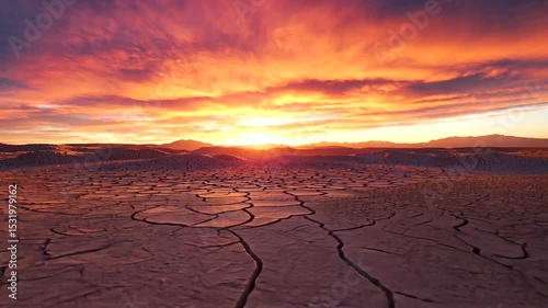 Breathtaking sunset over a cracked desert landscape, showcasing vibrant colors and serene beauty