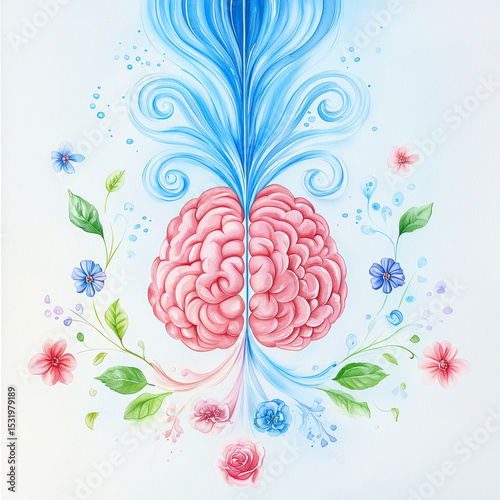 Colorful illustration of a brain surrounded by flowers and leaves, with swirling blue water-like patterns emerging from the top and bottom.