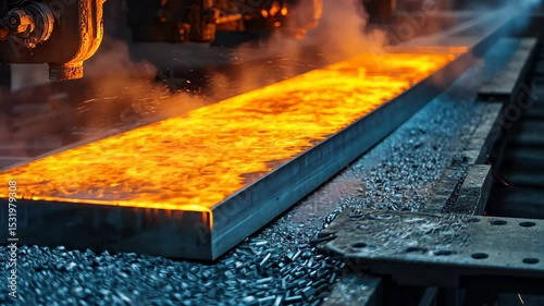Molten metal slab in a factory setting.