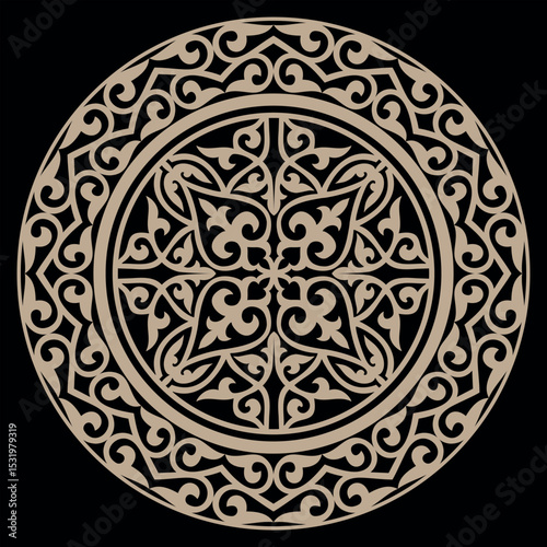 Golden ethnic patterned plate. Gold Kazakh ornament. Element of the national pattern of the ancient nomads. For decoration of clothes, yurts, medallion, ceramics