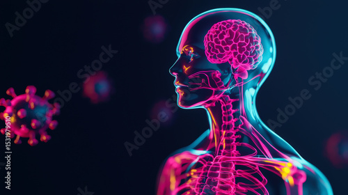 A digital illustration of a human body highlighting the brain and nervous system, with virus-like particles floating nearby, symbolizing health and disease interaction.