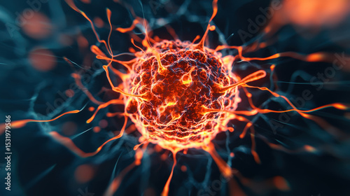 A detailed 3D illustration of a virus or cell with glowing orange tendrils extending outward against a dark background.