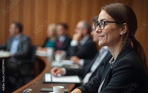 Selective focus to business woman sitting with blurry chairman of the meeting and executive committee background in auditorium for shareholders meeting or seminar event, Annual shareholder meeting.