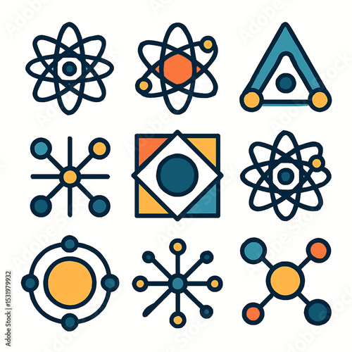 Colorful science icons and symbols set with atomic structure and molecule elements