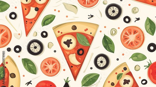 Colorful pizza slices, tomatoes, olives, basil leaves, and cheese scattered in a seamless food-themed pattern.