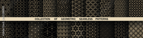 Geometric set of seamless black and golden patterns. Simple vector graphics