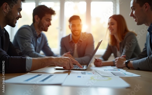 Coworking team meeting.Group of young businessmans working with new startup project at sunny office.Man pointing on laptop screen.Blurred background.Flares effects. High quality
