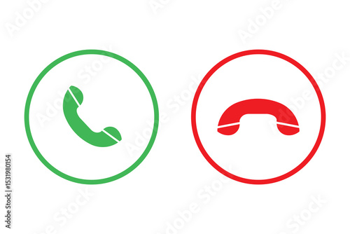 Incoming or outgoing phone call sign symbol isolated. Phone call icon answer, accept and decline call icons buttons red and green color. Flat design. Vector illustration.