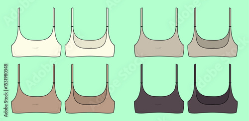 Sports bra colourway bundle technical drawing fashion flat sketch vector illustration template front and back views outline CAD mockup