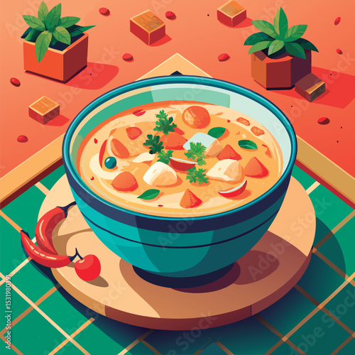 Hearty soup in a vibrant bowl.