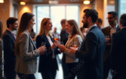 A blurred shot of business people networking at an office party, with soft lighting and bokeh effects creating a warm, social atmosphere. High quality