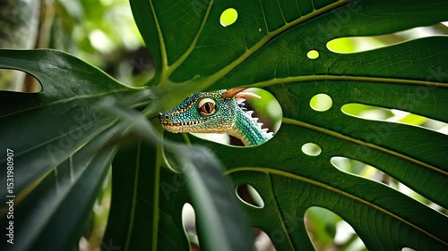 Colorful lizard peering through a large green leaf in a lush tropical environment