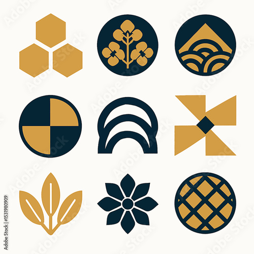 Elegant Japanese Mon Crest Set with Geometric and Floral Motifs in Navy and Gold Hues