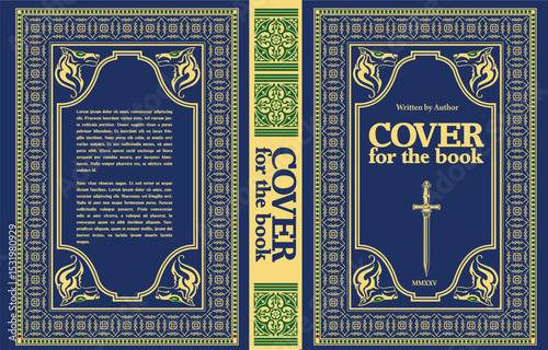 030-24-Elegant book cover design featuring wolf heads, a sword, and intricate gold borders on a blue background. Hand drawn illustration