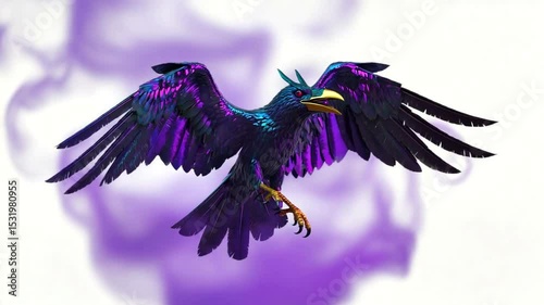 Colorful mystical bird soaring through a vibrant purple mist in an imaginative landscape