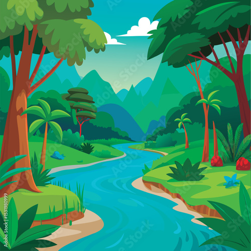Vector illustration of a Tranquil jungle river scene.