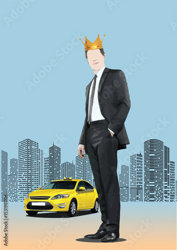 030-26-Businessman wearing golden crown standing near taxi cab in city center, representing business success. Hand drawn illustration