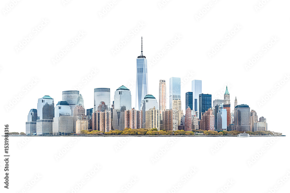 Obraz premium High-resolution transparent PNG panorama of Lower Manhattan skyline from the South — detailed urban cityscape cutout for graphic design, architectural presentations, and digital composites
