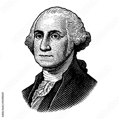 George Washington Portrait Vintage Black and White Outline Line Art Drawing Illustration of USA President