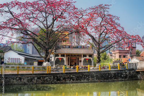 Foshan city, Guangdong, China. Xiabei Yongsheng village, historical preserved place in an industrial development zone. Restored Lingnan temple turned into elderly people's community center.	