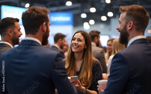 Happy people listen to startup business owner at trade show. Exhibition event with audience laughing. Seminar, presentation, crowd, convention, conference. Company employees show, fair congress.