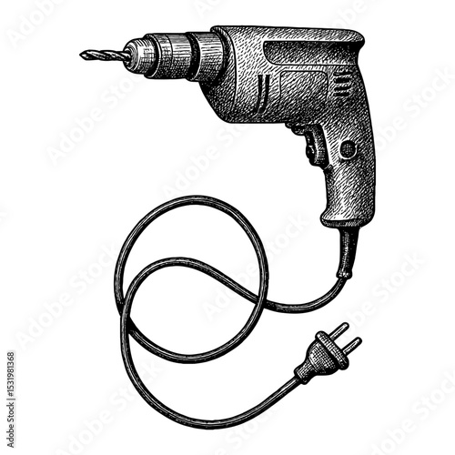 Handheld Drill with Wire and Plug Black and White Outline Line Art Drawing