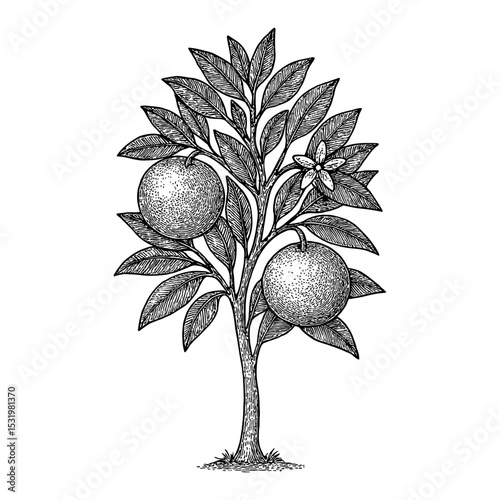 Orange Tree with Fruits and Flower in Vintage Style Black and White Outline Line Art Drawing