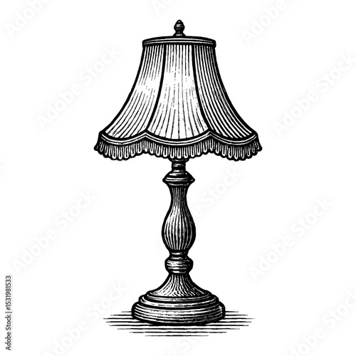 Vintage Table Lamp with Lampshade Black and White Outline Line Art Drawing Illustration Style