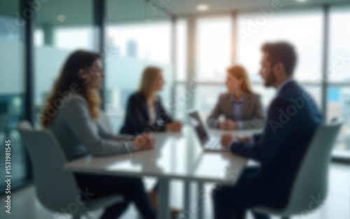 Blurred corporate business team and manager in a meeting in modern glass office. High quality