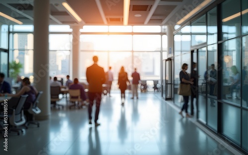 Bright business workplace with people in walking in blurred motion in modern office space. High quality