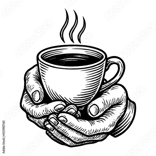 Hand Holding Cup of Coffee Black and White Outline Line Art Drawing Illustration