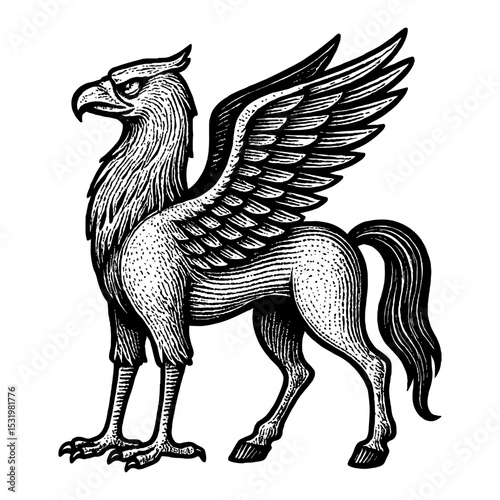 Griffin Side View Mythology Creature Vintage Black and White Outline Line Art Drawing