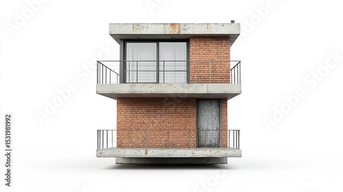A two-story, brick and concrete building with a balcony on each level, a single door on the lower level and a single window on the upper level, all against a white background