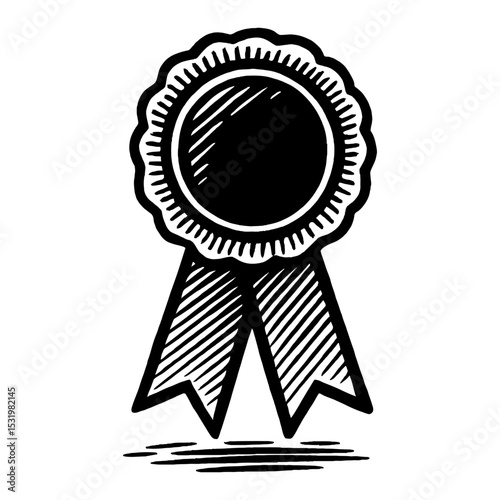 Rosette Ribbon Award Badge Black and White Outline Line Art Drawing and Engraving Style