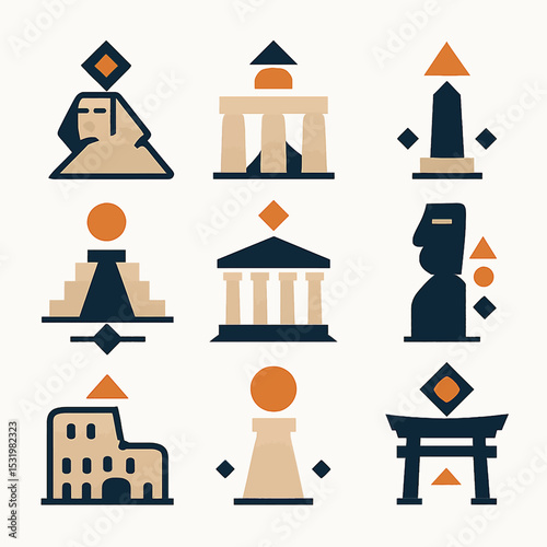 Geometric icons of world landmarks and architecture monuments in flat style design