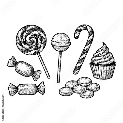 Assorted Sweets and Candies in Black and White Outline Line Art Drawing Vector Illustration