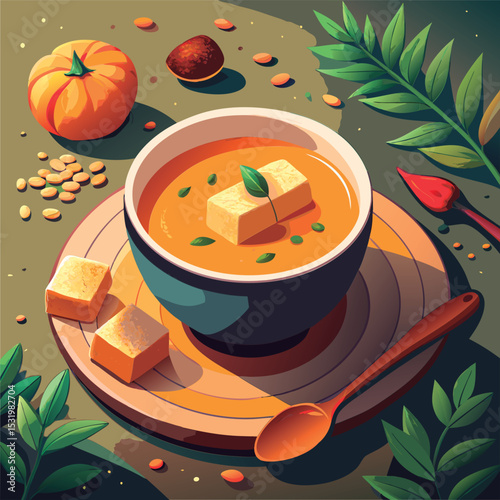 Gourmet pumpkin soup with a creamy topping.