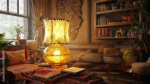 Cozy vintage living room with warm lighting, bookshelves, and decorative plants creating a homely atmosphere