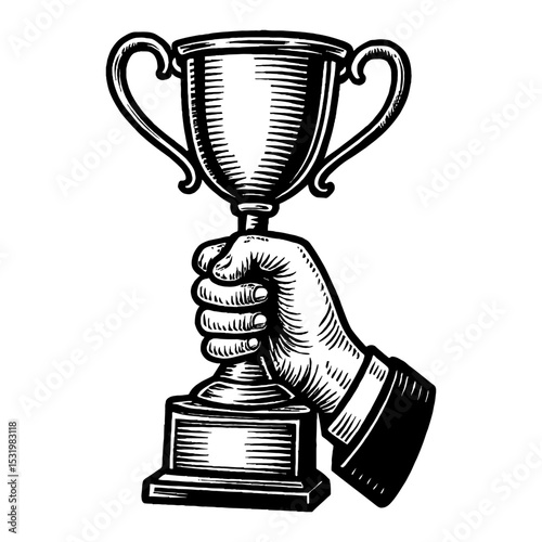 Hand Holding Trophy Cup Achievement Success Celebration Black and White Outline Line Art Drawing