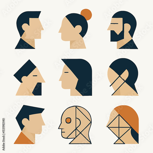 Geometric profile portraits illustrate diverse stylized human faces and heads