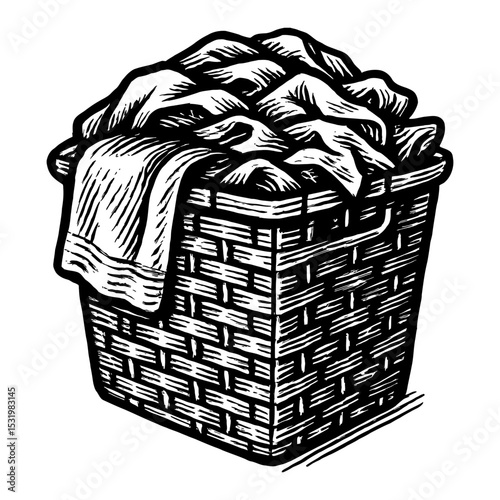 Laundry Basket Overflowing with Clothes Black and White Outline Line Art Drawing
