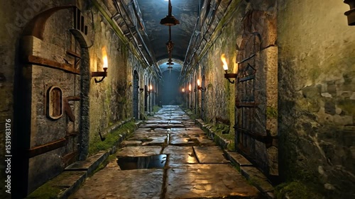 Dark, atmospheric dungeon corridor with stone walls and flickering torches illuminating the path
