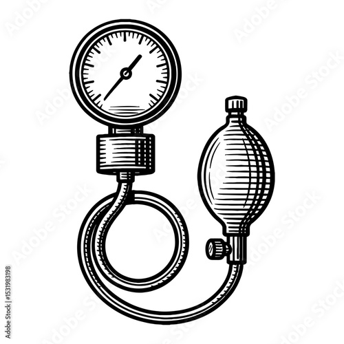 Sphygmomanometer Tool Measurement in Black and White Outline Line Art Drawing