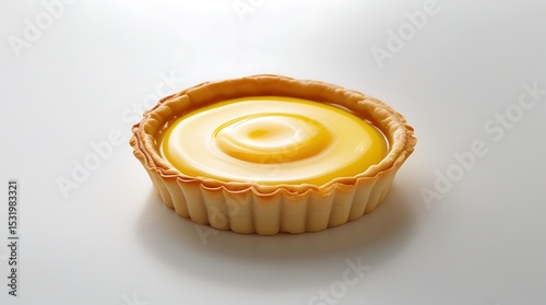 One golden egg tart with smooth yellow custard isolated on white background for bakery display or branding use.


